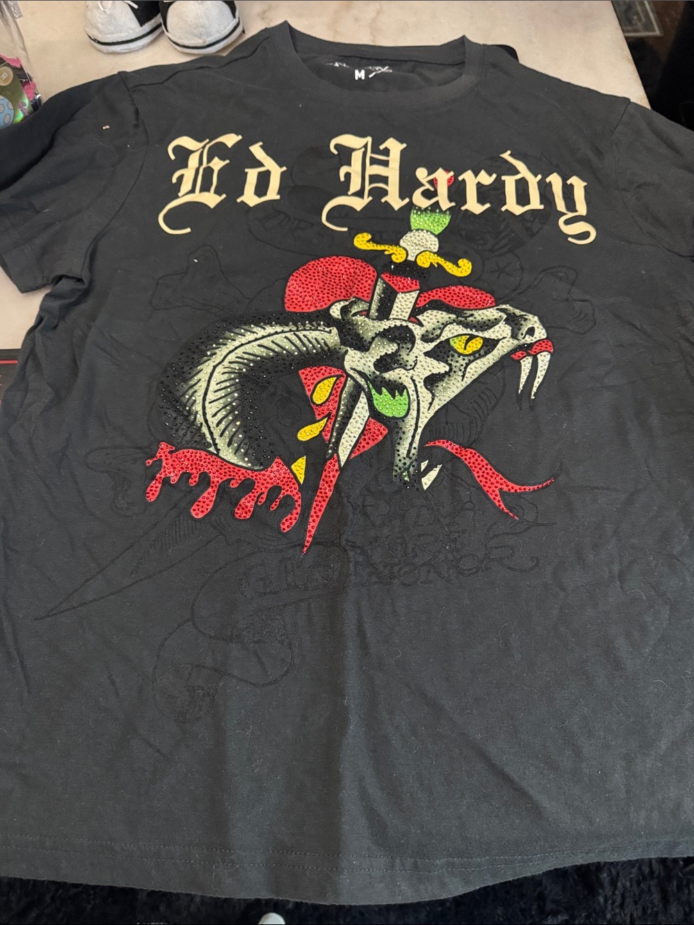 Ed Hardy Black Short-Sleeve Tee with Colorful Snake Graphic